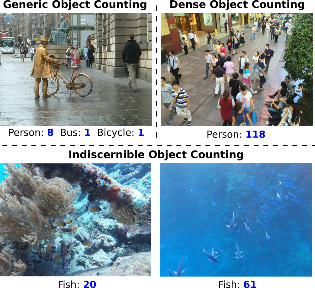 Indiscernible Object Counting in Underwater Scenes